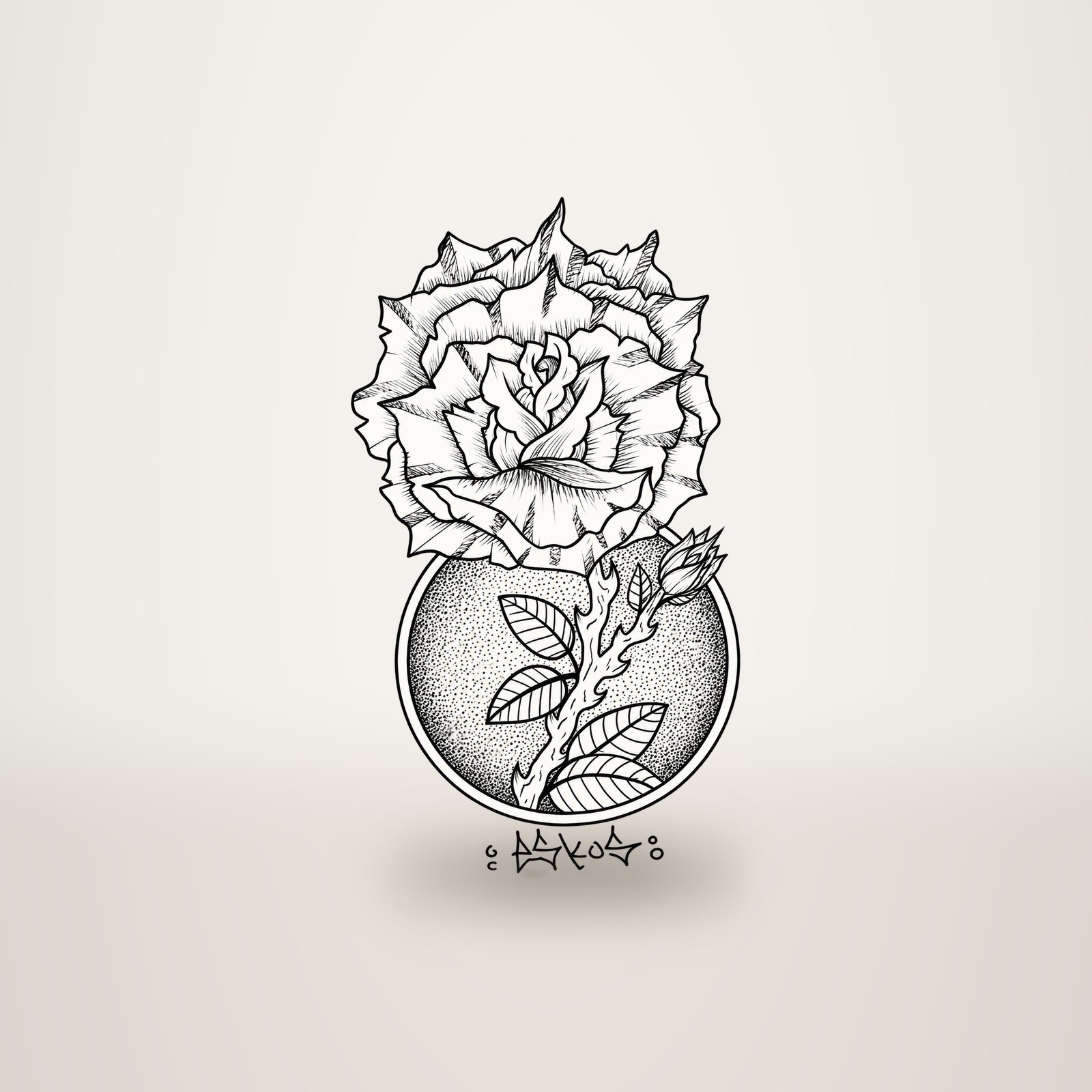 Dessin au trait noir d'une grande rose hachurée dont la tige épineuse, ornée de feuilles et d'un bouton, émerge d'un cercle pointillé, avec une signature stylisée en bas.