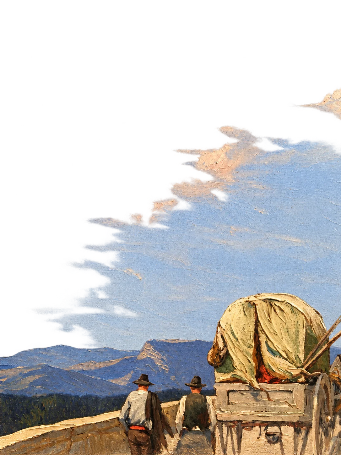 Détail d'une peinture à l'huile sur toile montrant deux hommes de dos près d'un chariot bâché, devant un ciel brumeux et des montagnes.
