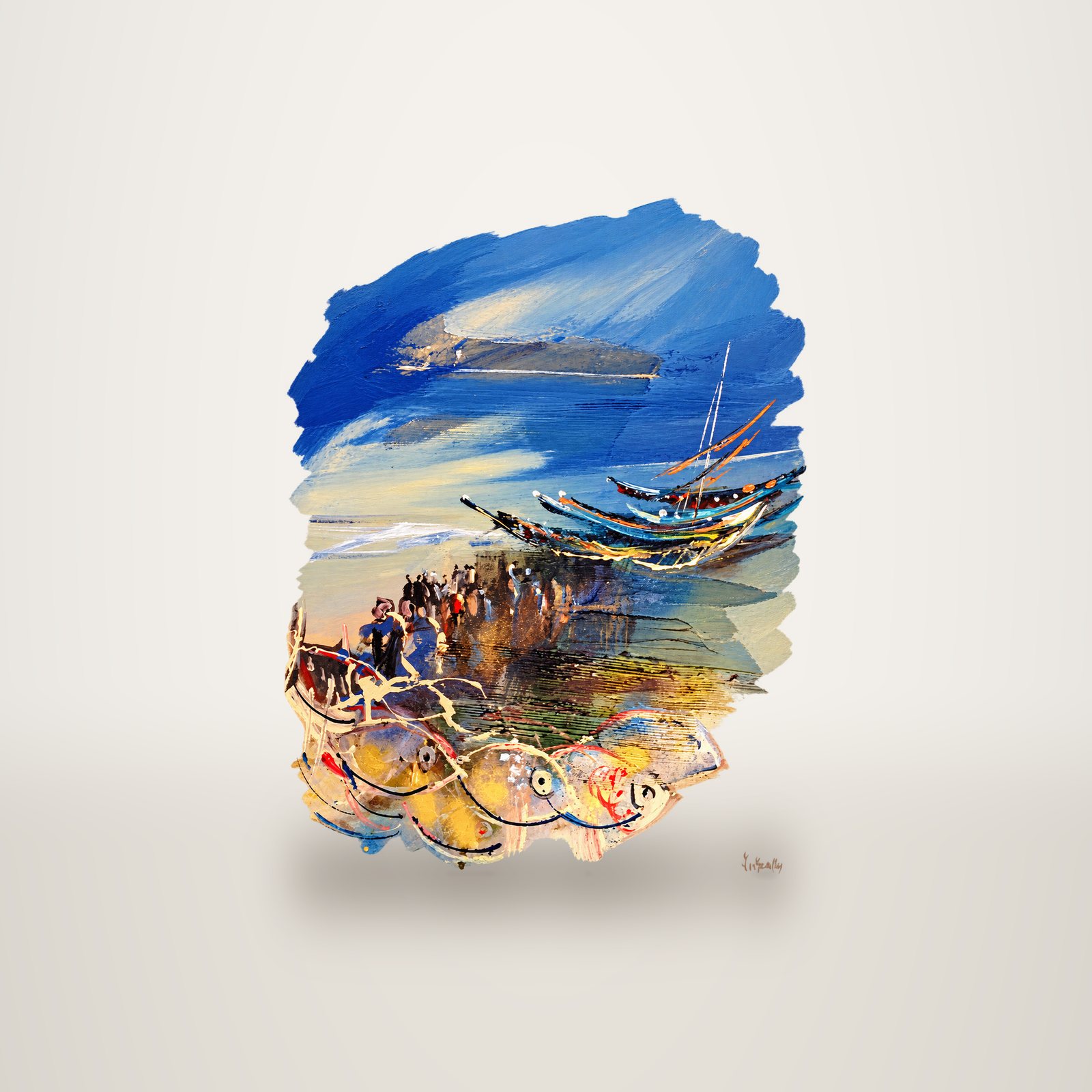 Peinture à l'huile abstraite aux tons bleus représentant des barques à voile, une foule de pêcheurs et de grands poissons sur le sable.
