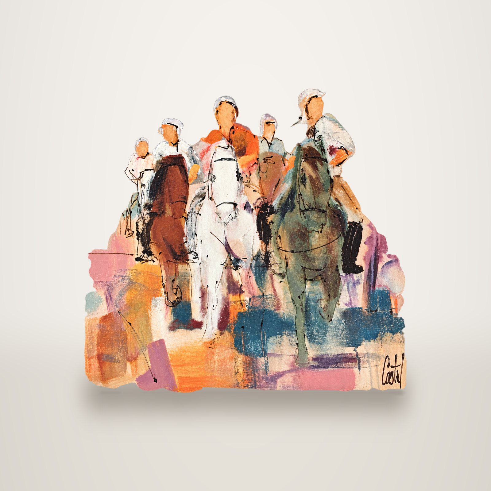 Tableau abstrait aux tons pastel représentant cinq cavaliers sur leurs chevaux, avec une signature en bas à droite.