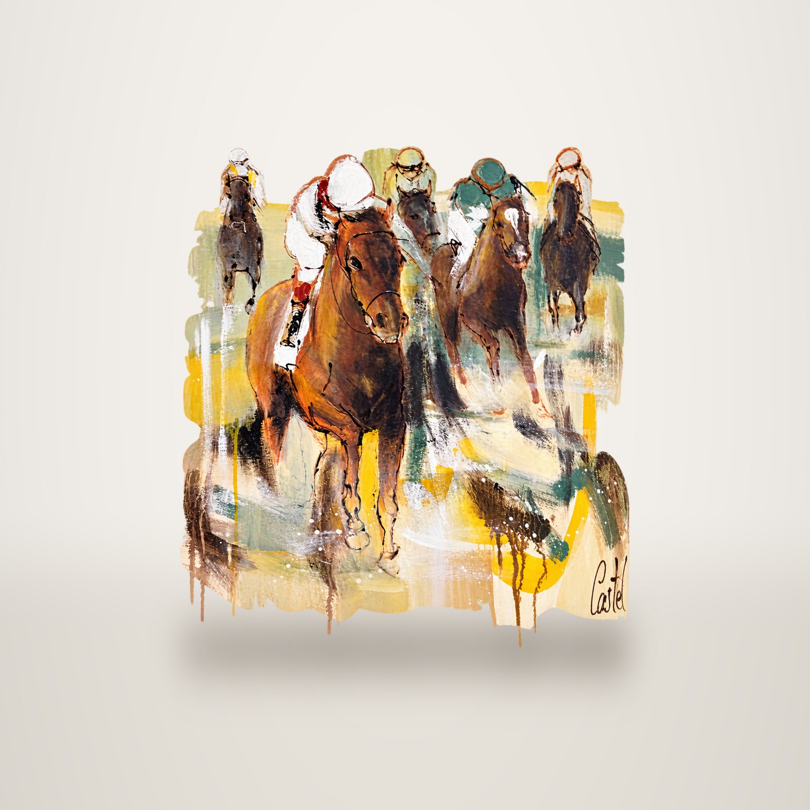 Tableau expressionniste représentant cinq jockeys sur leurs chevaux lancés au galop, dans des tons ocre, jaune, vert et brun, signé Castel en bas à droite.
