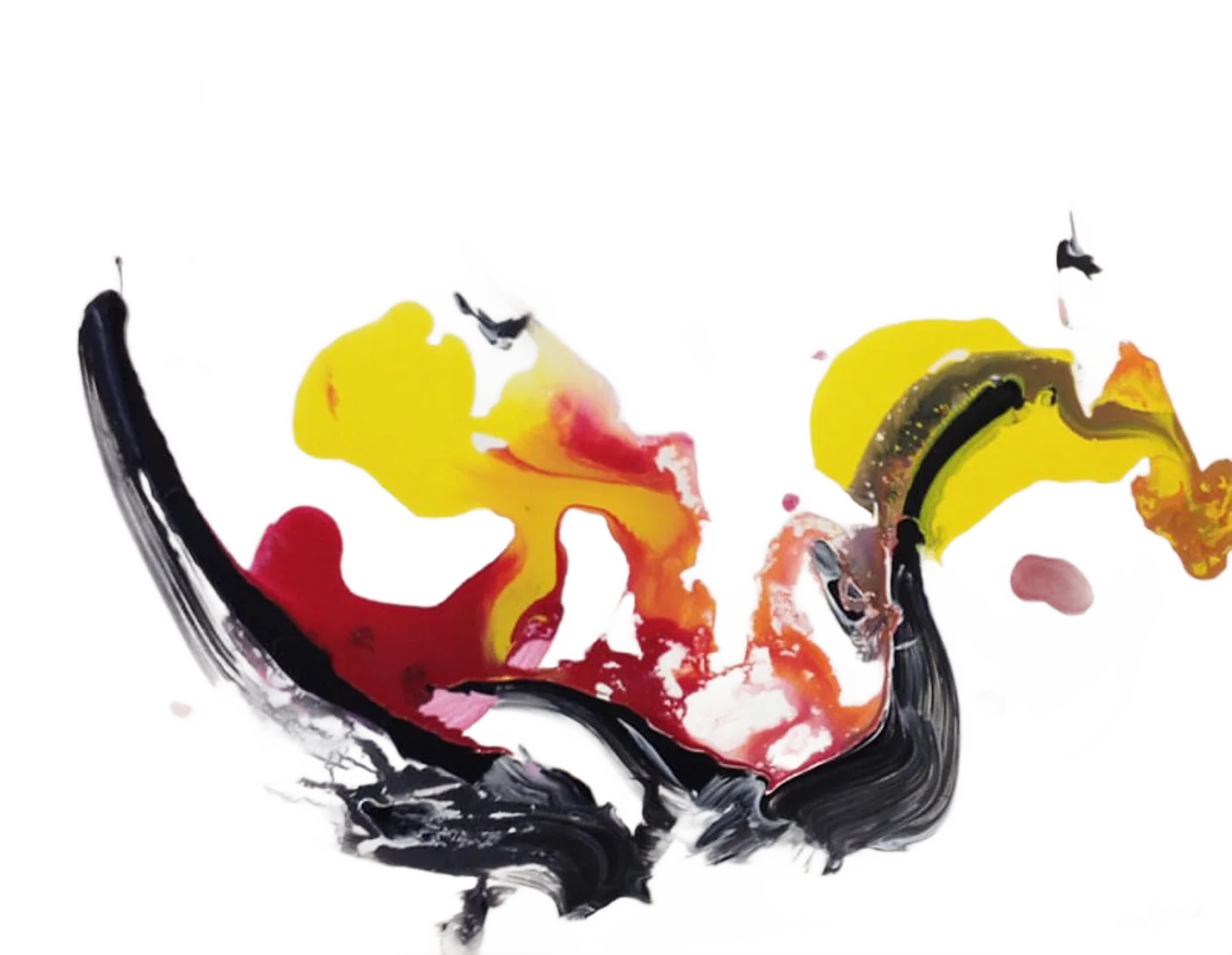 Peinture abstraite aux larges traînées noires, jaunes, rouges et orange sur un fond blanc cassé, avec une signature en bas à droite.