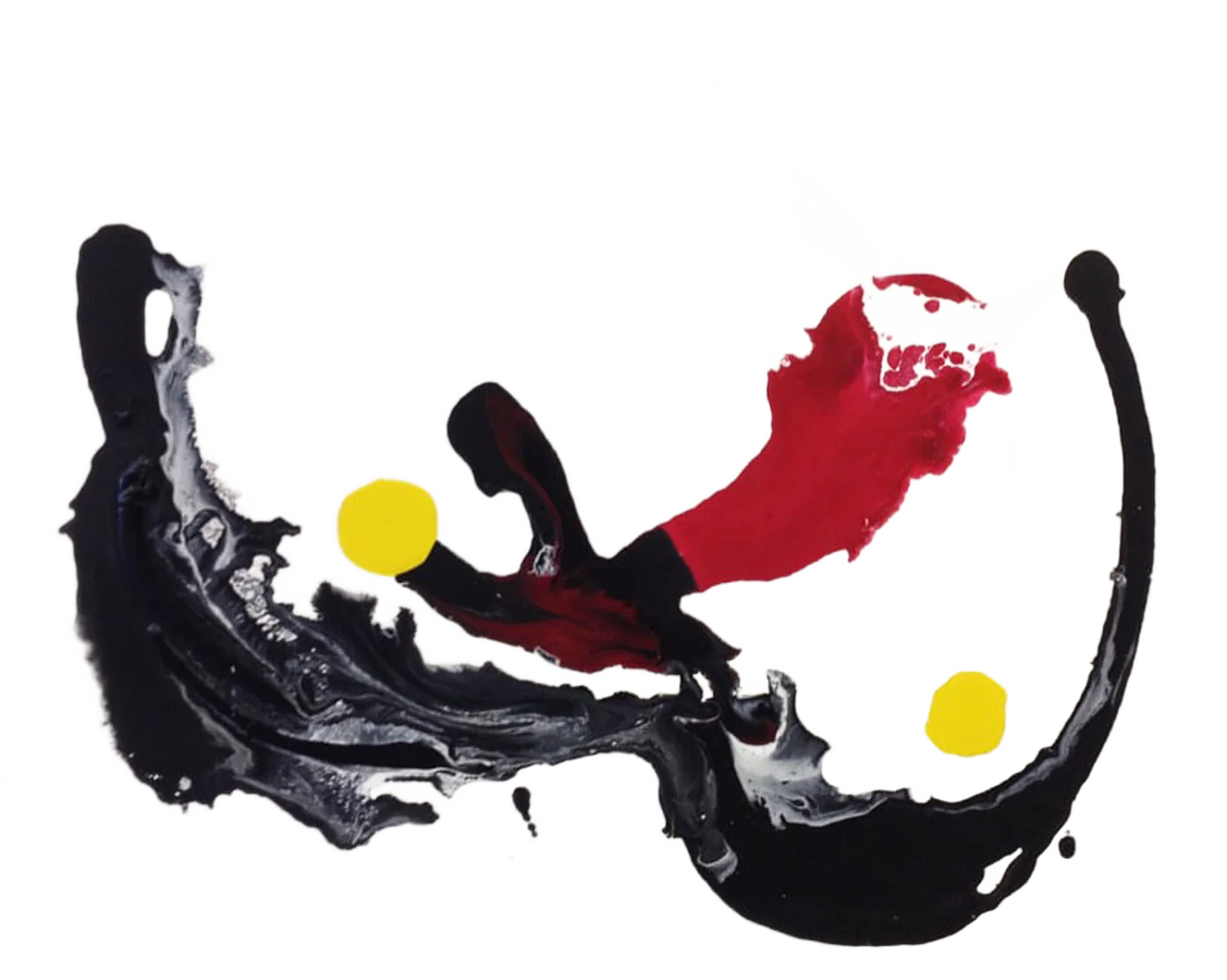 Peinture abstraite aux larges coulées noires et rouges, avec deux disques jaunes, sur un fond blanc.
