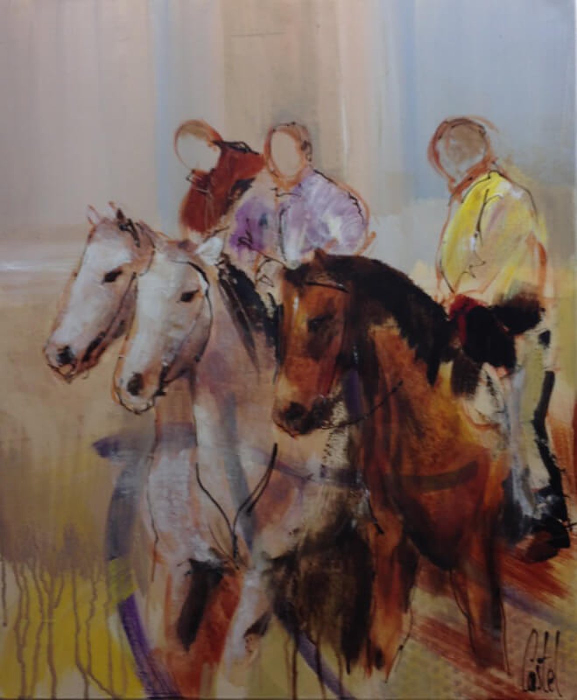 Tableau expressionniste représentant trois cavaliers aux visages effacés montés sur des chevaux blancs et bruns, dans des tons ocre, violet et jaune.