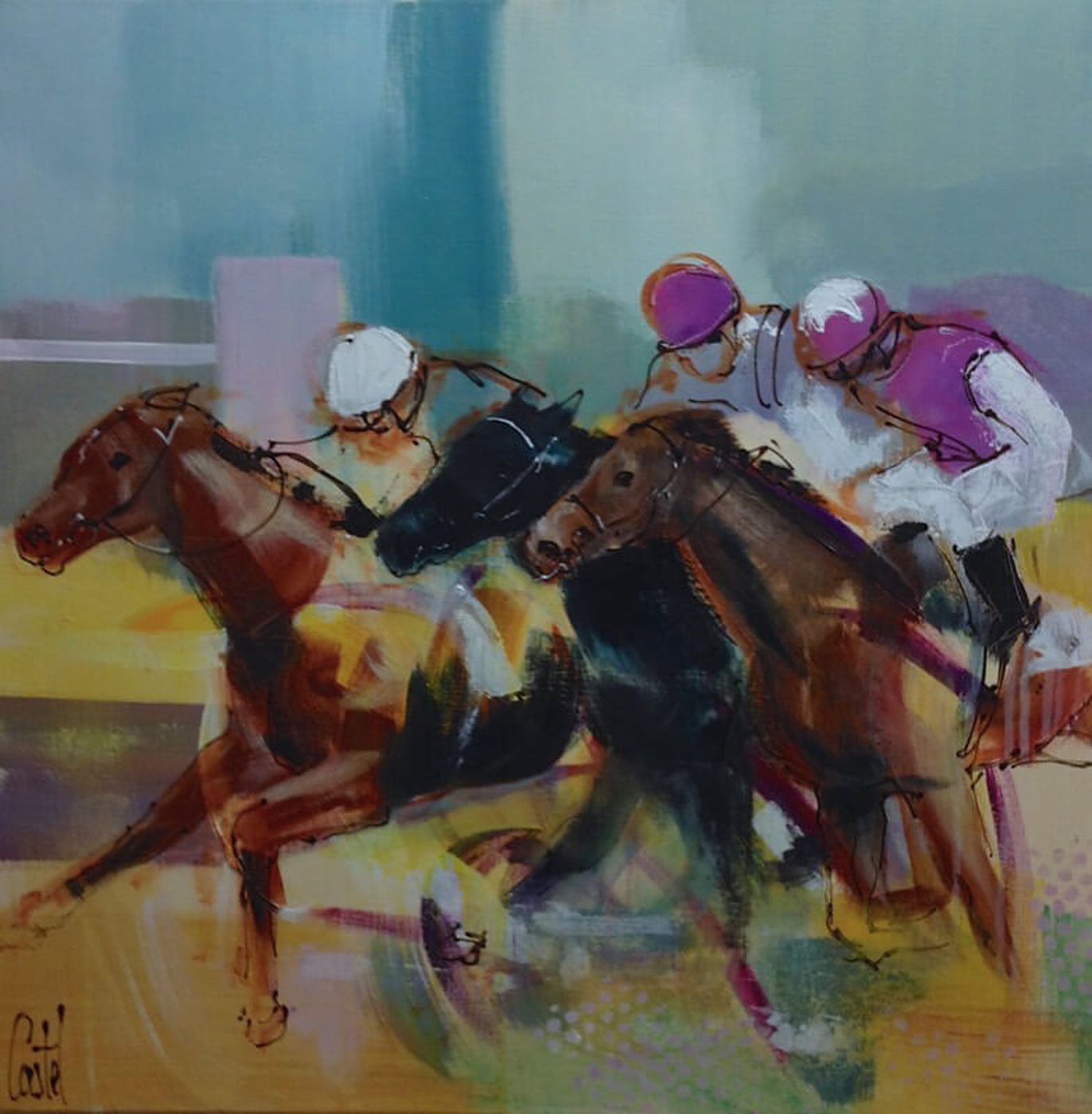 Peinture abstraite et colorée montrant trois chevaux de course lancés au galop avec leurs jockeys en casaques violettes et blanches.