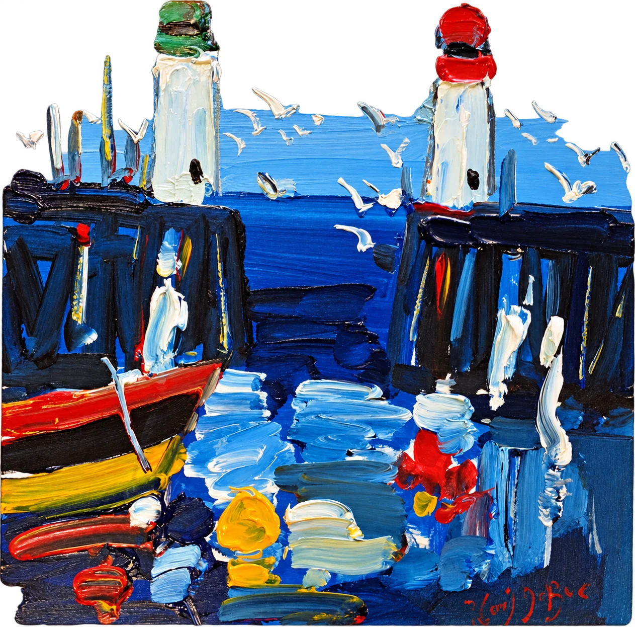 Tableau à l'huile en empâtements montrant l'entrée d'un port bordée de deux phares, un bateau rouge et jaune au premier plan et des mouettes dans un ciel bleu.