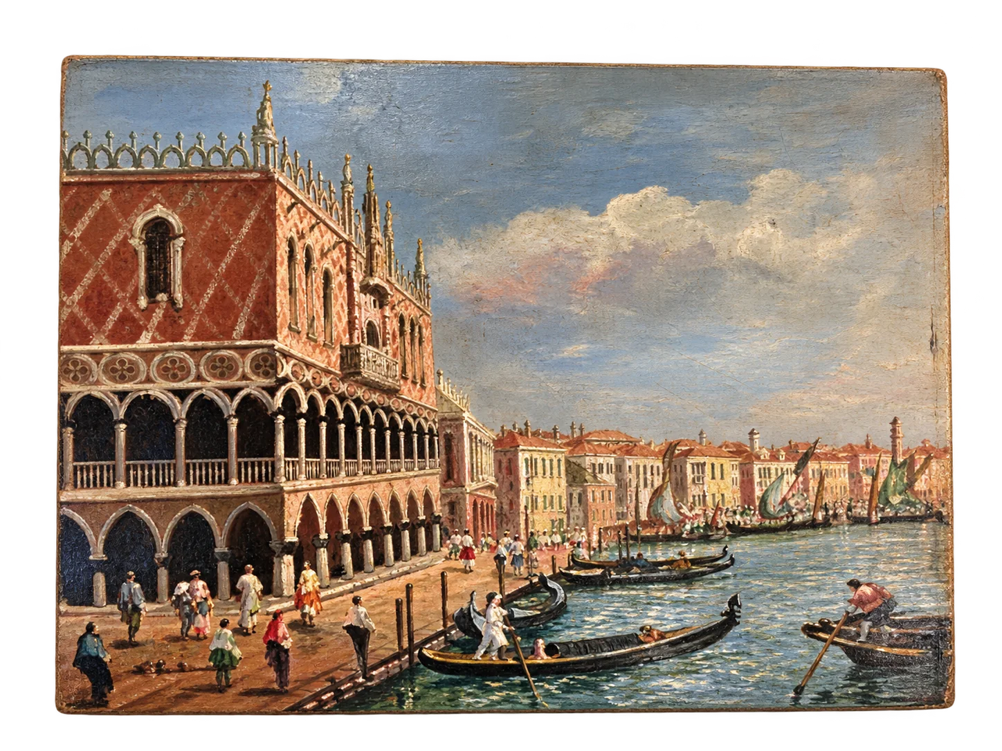 Tableau ancien représentant le palais des Doges à Venise, avec des gondoles sur le canal et des passants sur le quai sous un ciel nuageux.