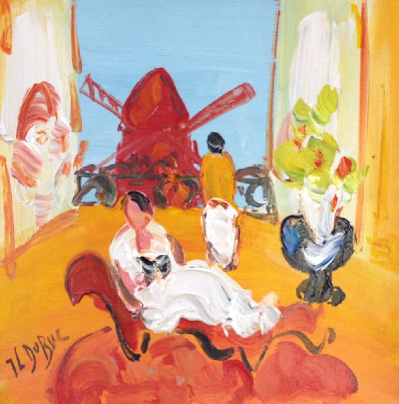 Peinture à l'huile aux couleurs vives représentant le Moulin Rouge au fond, une silhouette jaune et une femme en blanc allongée sur un canapé rouge, avec un vase fleuri à droite.