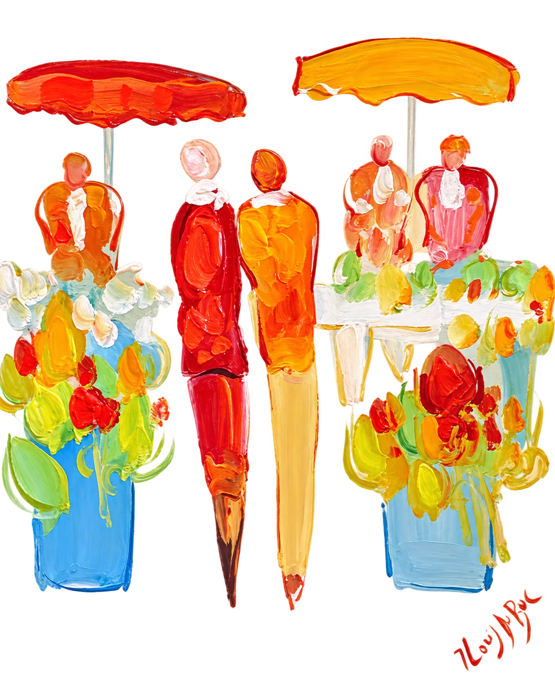 Tableau abstrait aux tons orange, rouge et bleu montrant deux silhouettes allongées entre des bouquets de fleurs et des parasols, avec des personnages attablés en arrière-plan.