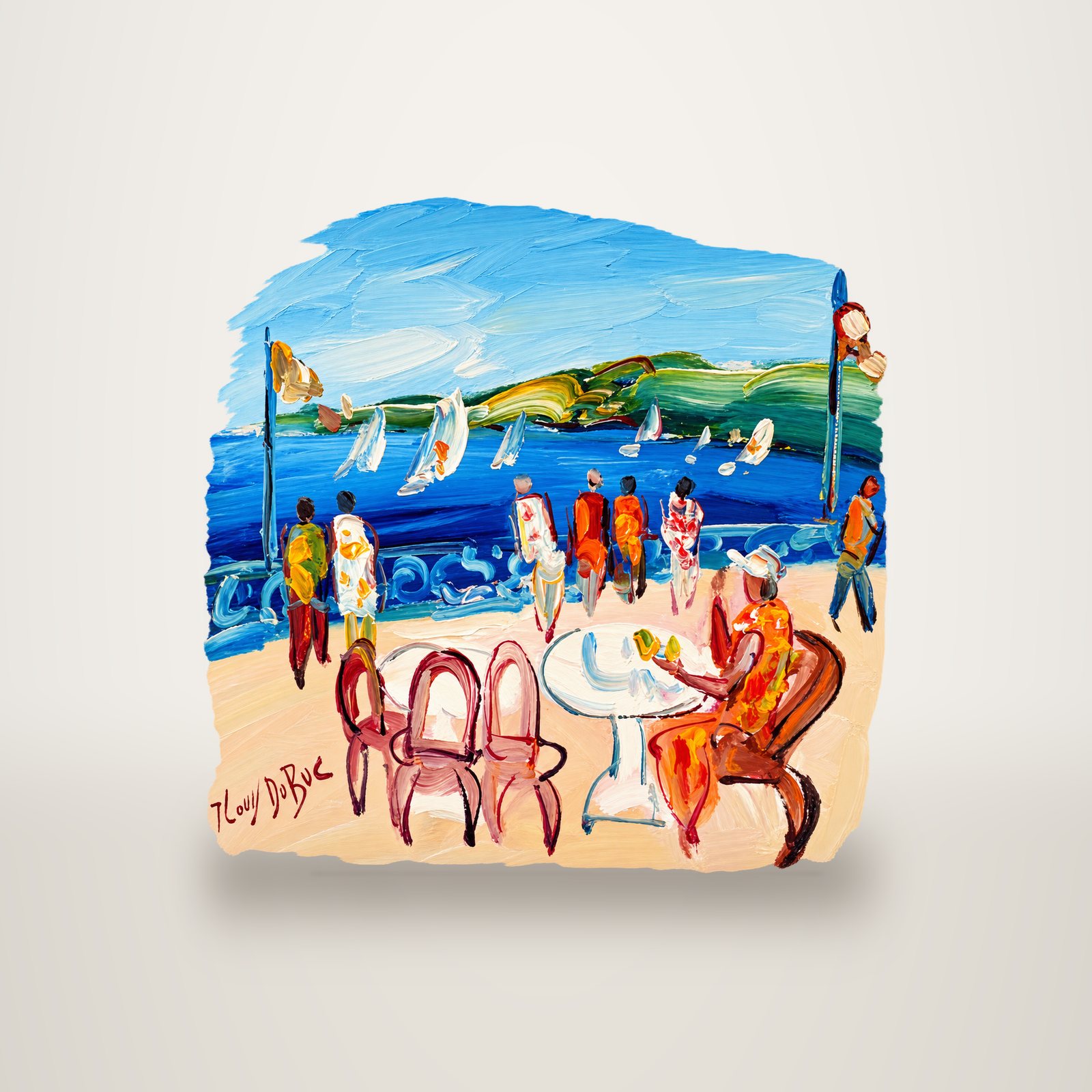 Tableau à la peinture épaisse représentant des personnages et des chaises de café sur une terrasse face à la mer, avec des voiliers et une colline verte au fond.