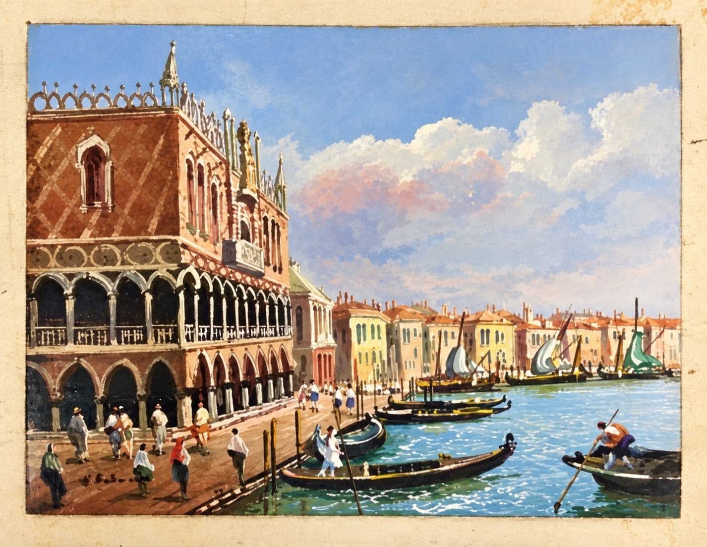 Peinture colorée représentant le Palais des Doges à Venise, avec des gondoles sur le canal et des passants sur le quai sous un ciel nuageux.